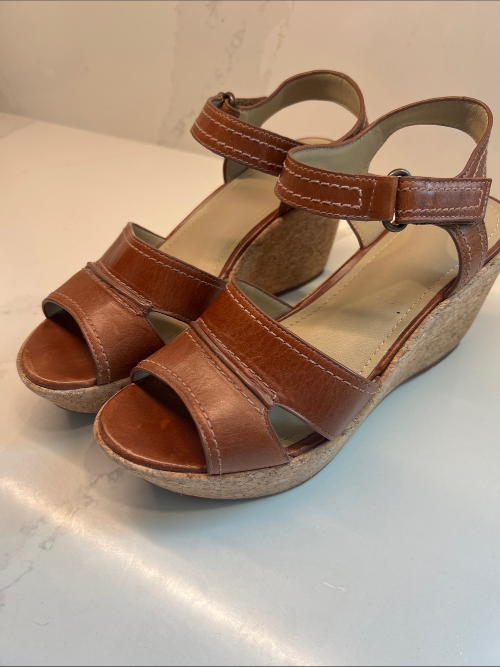 Johnston & Murphy Brown Leather Ankle-Strap Wedge Sandals - Picture 8 of 9